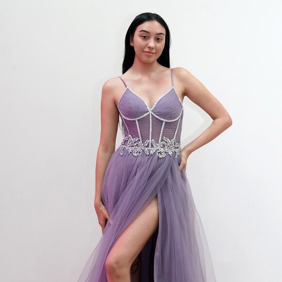 New A-Line Evening Long Mesh Gown w/ Sheer Boned Bodice & Lace Up Back JT2638G - Picture 1 of 8